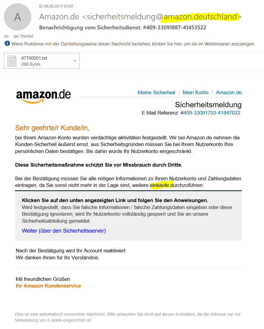 Beispiel: Amazon Phishing Mail